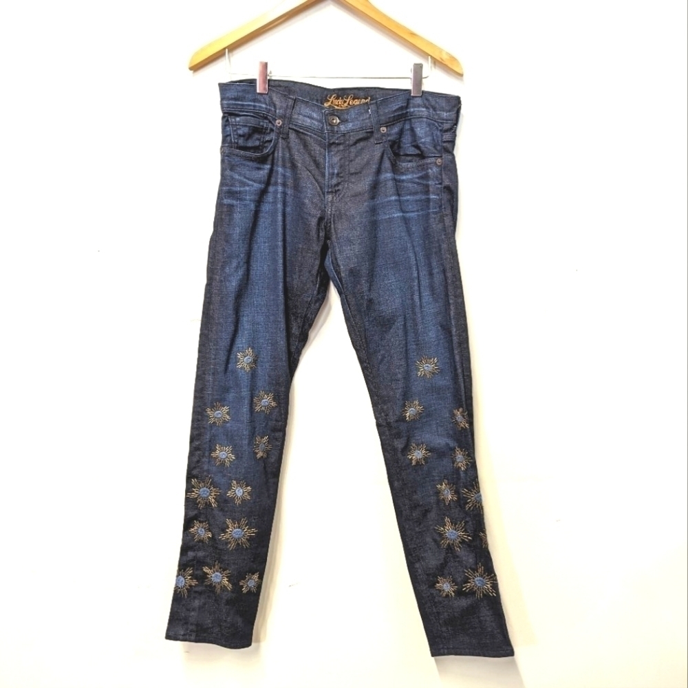 LUCKY Brand Legends Sienna Beaded Jeans Stars Boyfriend Straight 26 Embroidery
